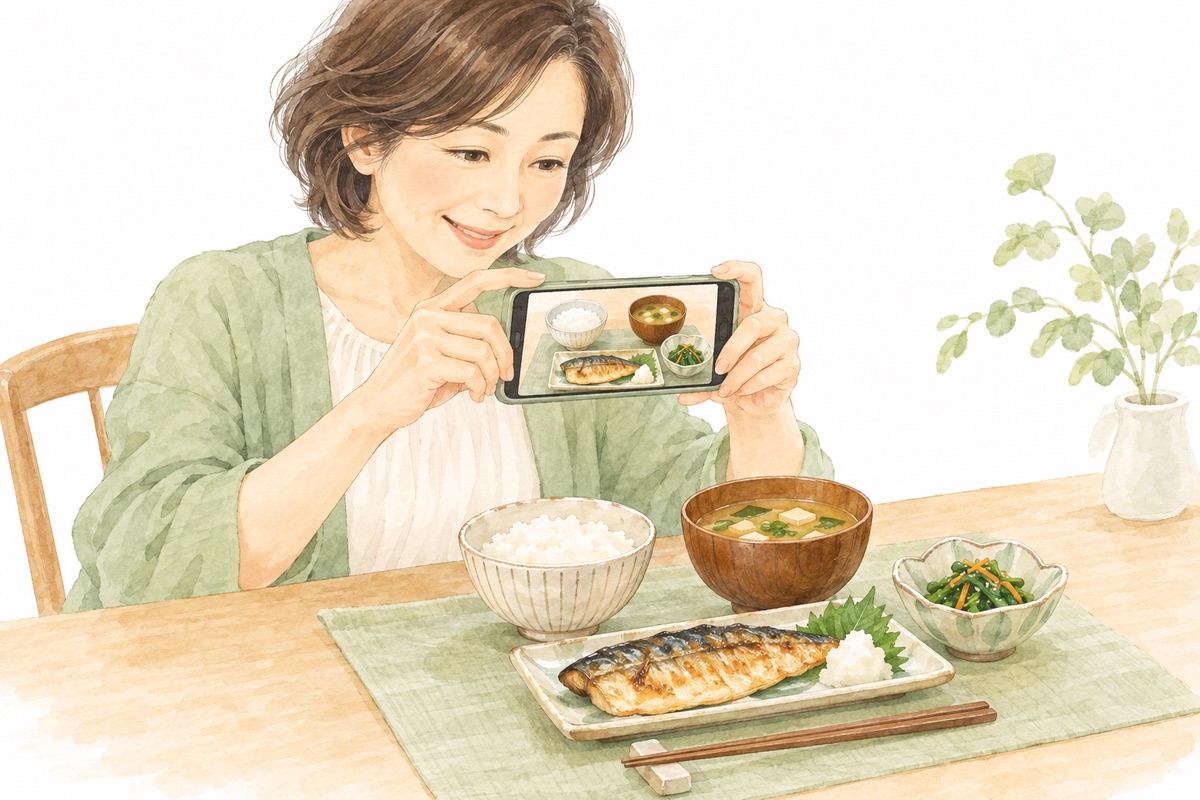 食事をスマホで撮影する女性のイラスト