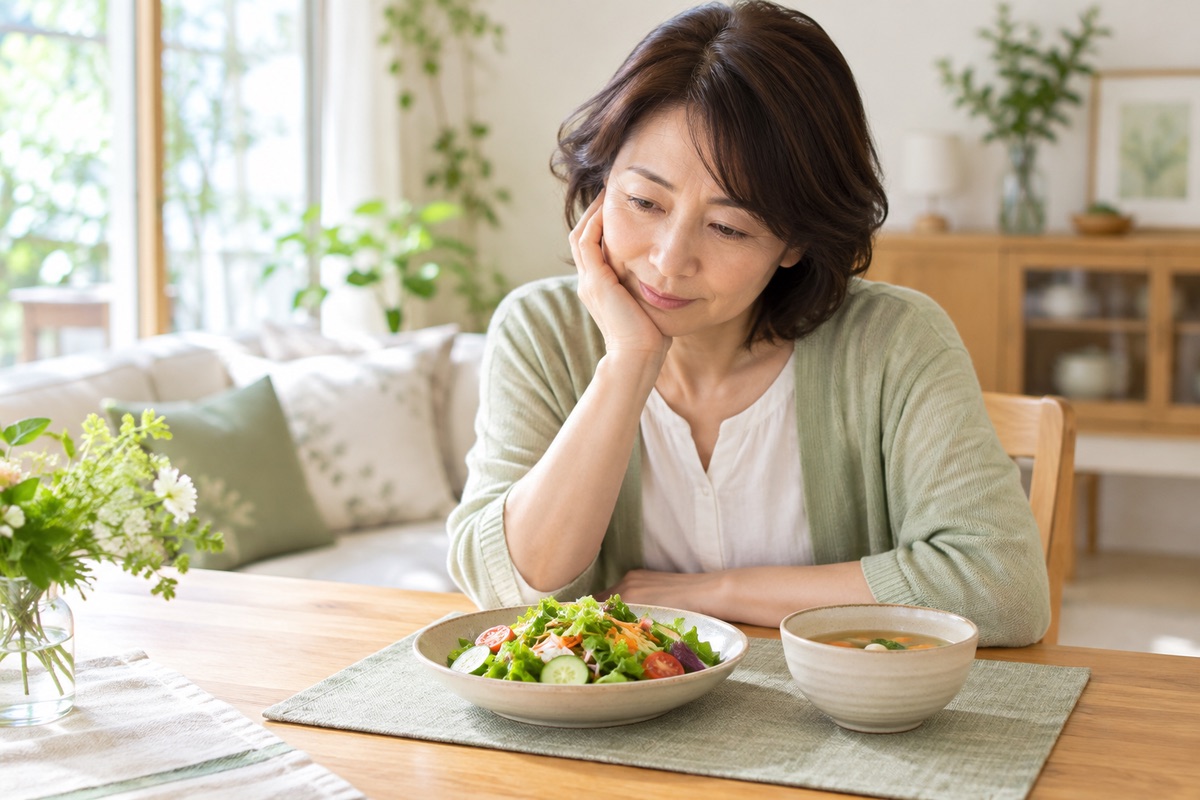 サラダ中心の少ない食事を前に考える50代の女性