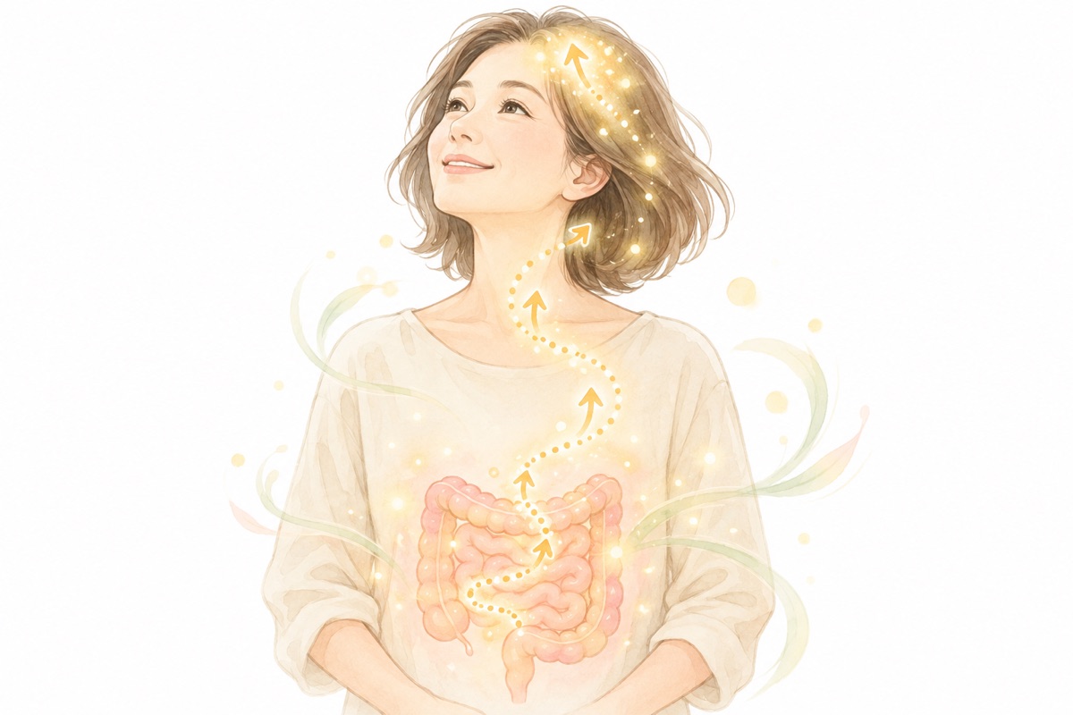 体の中で腸から髪へ栄養が届くイメージのイラスト