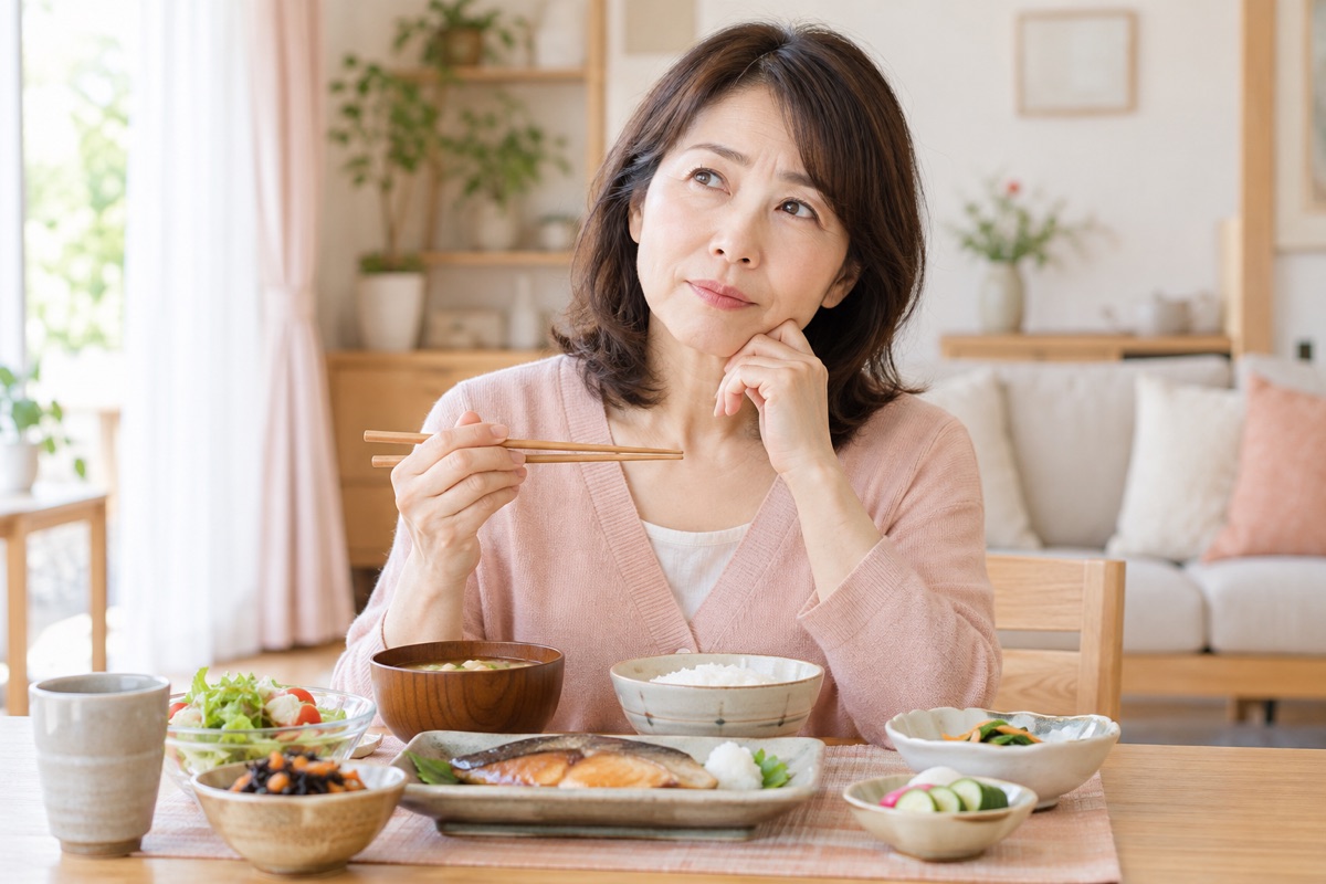 食事を前に考えこむ50代の女性