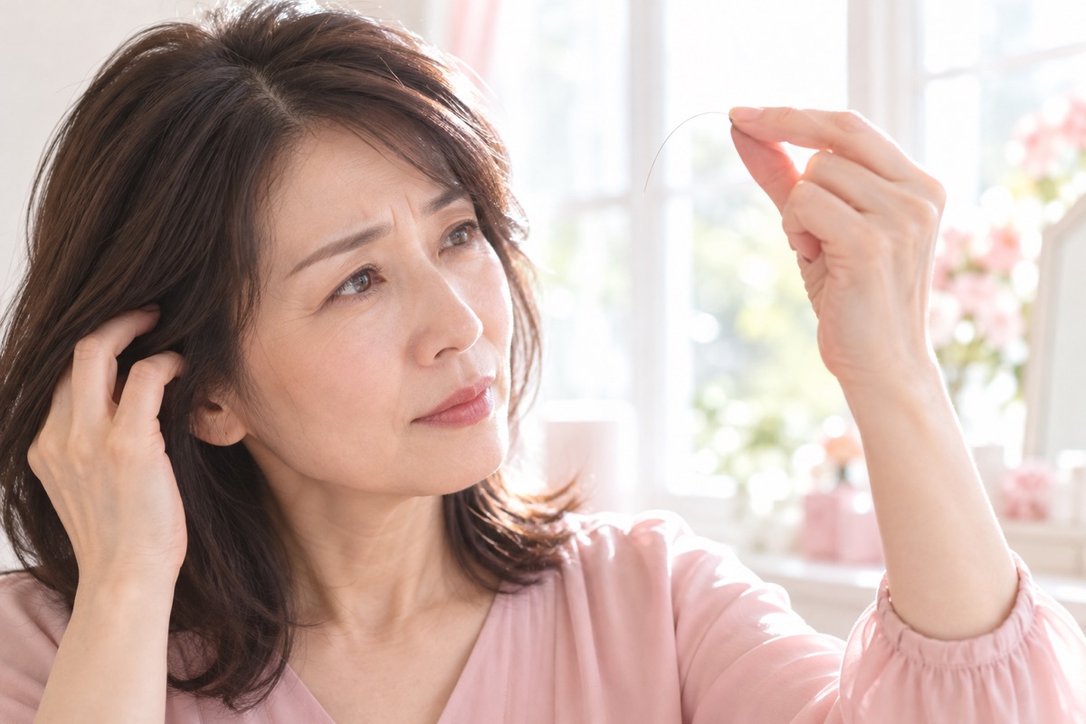 窓辺で自分の髪の細さを指で確かめる50代の女性