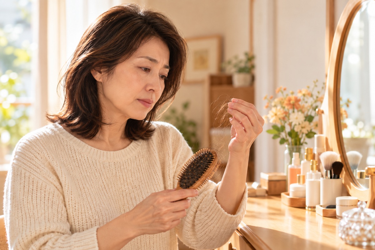 ブラシについた髪の毛を見て不安そうにする50代の女性