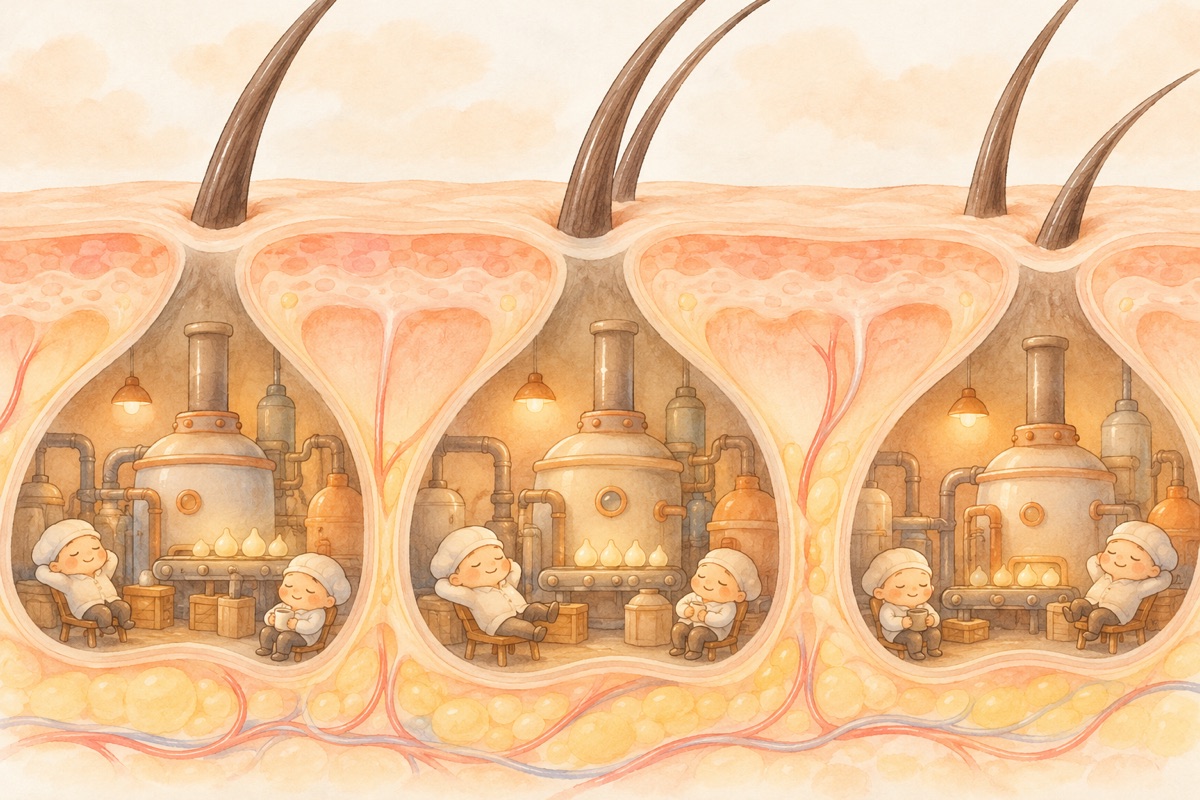 頭皮の下の小さな工場が休んでいる様子を描いたやさしいイラスト