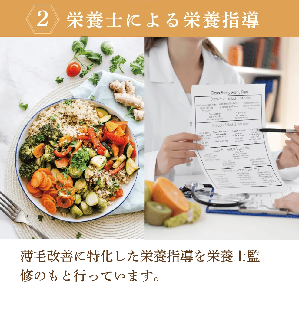 栄養士による栄養指導。薄毛改善に特化した栄養指導を栄養士監修のもと行っています。
