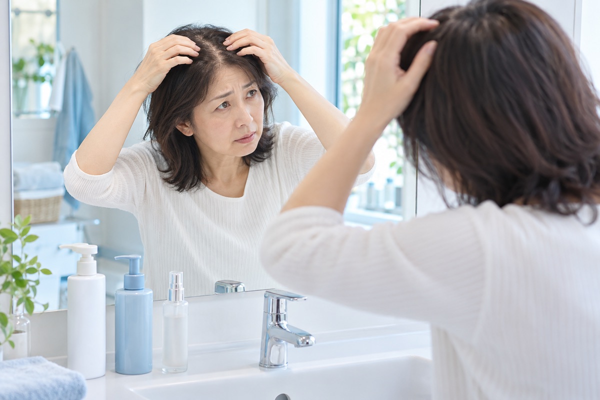 鏡の前で分け目を気にする50代の女性
