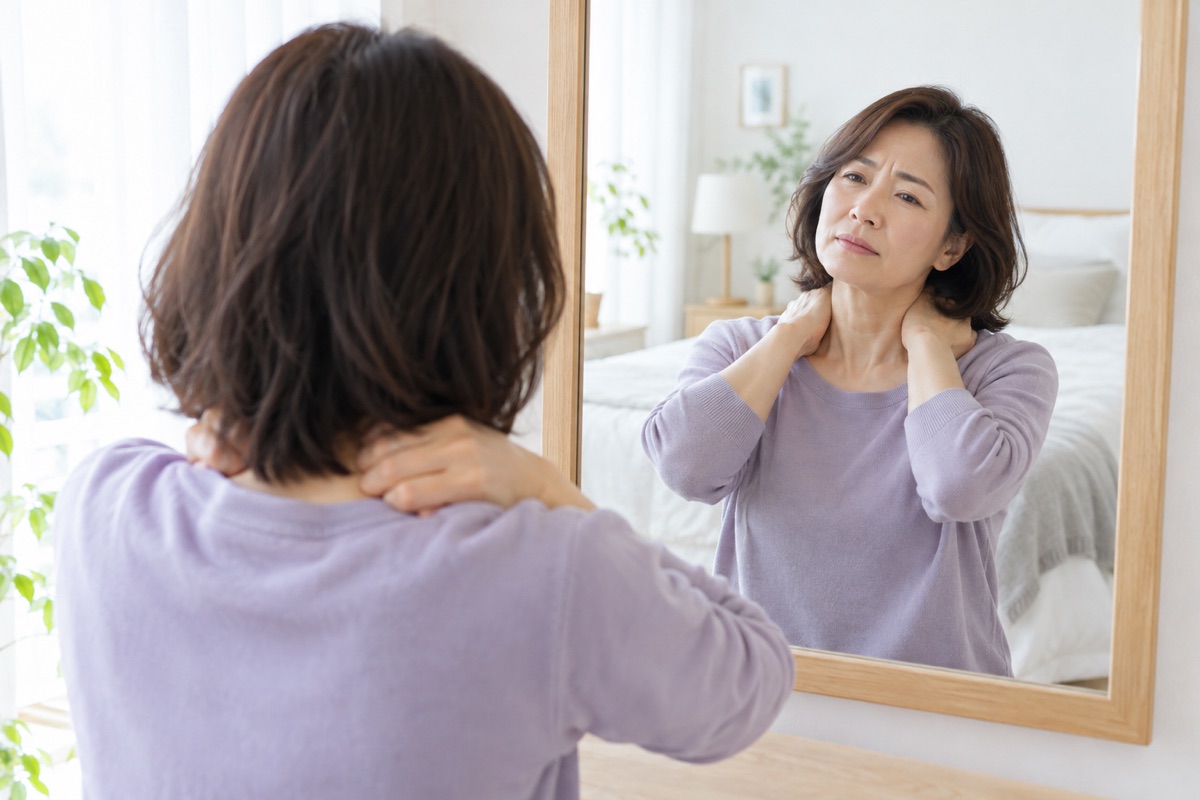 鏡の前で肩と首のこわばりを気にする50代の女性