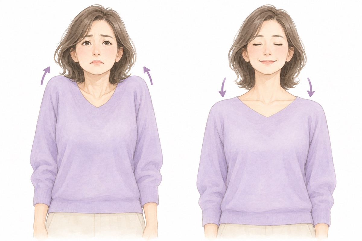肩をすくめてから力を抜くセルフケアのイラスト