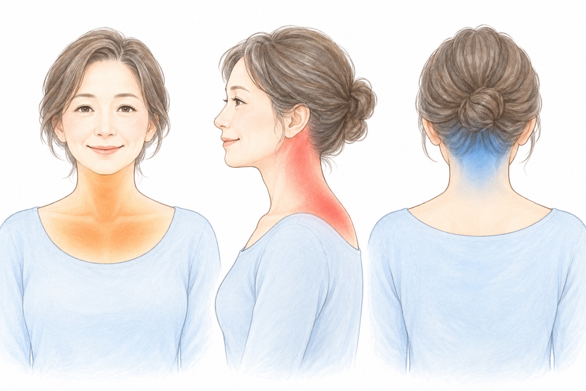体の前・横・後ろの3か所のこりを色で示した女性の上半身のイラスト
