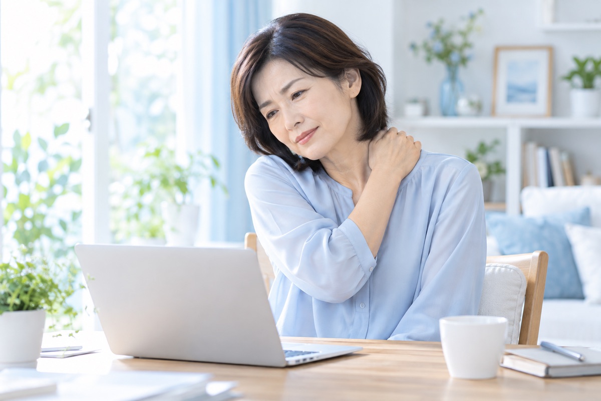 首の横から肩にかけてのこりを気にする50代の女性